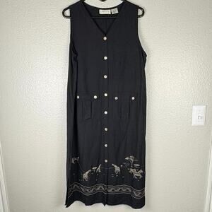 Lemon Grass Size P/L Black Safari Design Embroidery Linen Blend Button Up Dress